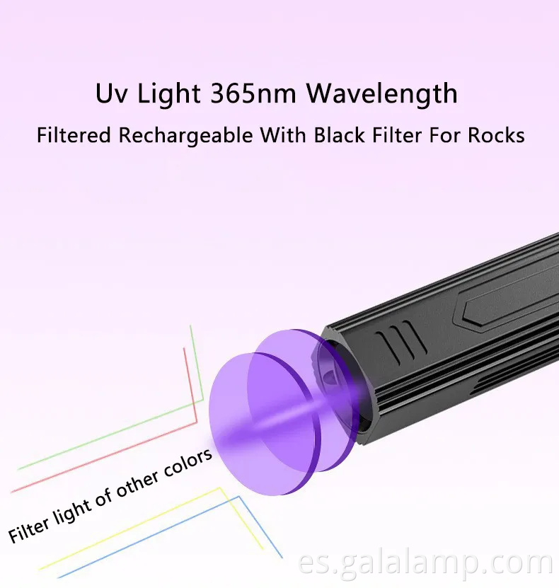 Linterna UV de 365 nm portátil con luz negra recargable y 5 modos